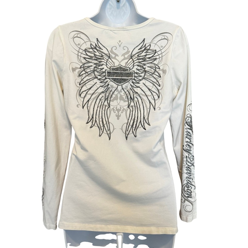 Y2K Harley Davidson Embroidered Wings Roses Metallic Graphic Biker Rocker Grunge